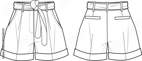 Women's Belted Shorts. Technical fashion illustration with side pockets. Front and back, white colour. Women's CAD mock-up.