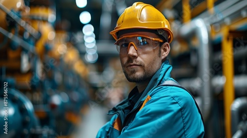Male worker in safety gear at factory. A male worker wearing safety gear stands confidently in an industrial factory setting, highlighting safety and professionalism. © Oksana