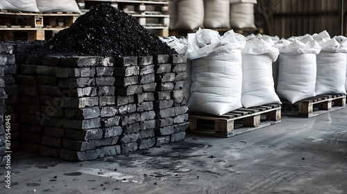 Big heap of dark black lump coal on floor bulk. Charcoal storage at warehouse stock reserve. activated anthracite packed in plastic bag sack on wooden pallet. Industrial and mining industry background
