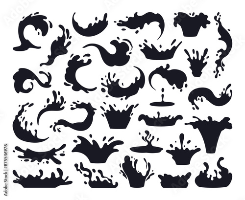 Liquid splash silhouettes. Water drops, flows and waves, black aqua splashes flat vector illustration set. Cartoon water splash silhouettes