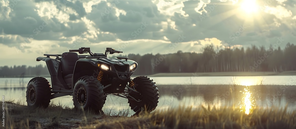 Fototapeta premium ATV awd quadbike motorcycle pov view near lake or river pond coast with beautiful nature landscape and cloudscape sky background. Offroad adventure trip . Extreme sport activity panoranic wide view