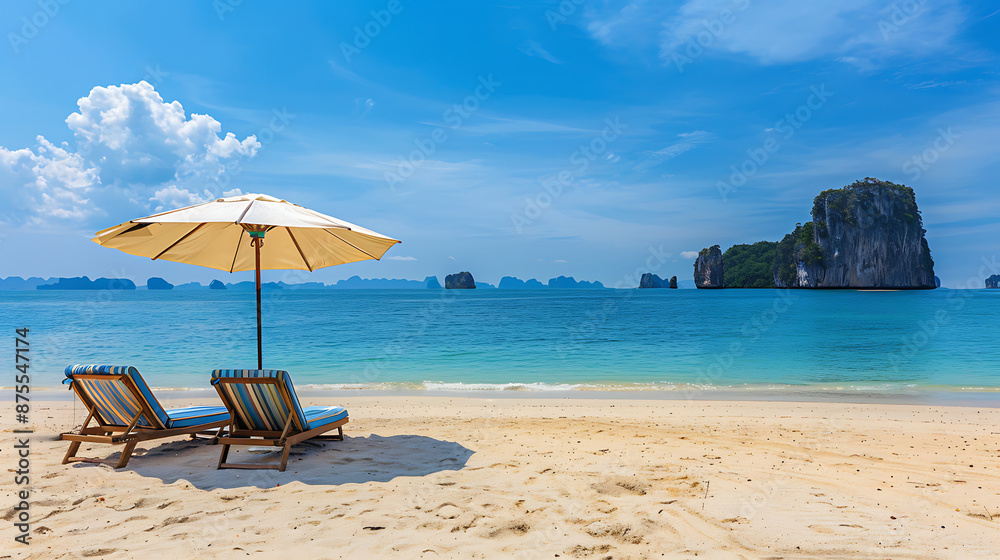 a tranquil beach scene with two sun loungers under a large parasol on sandy shores. In the background, there’s a clear blue sky with a few clouds, calm blue sea waters a tranquil beach scene with two sun loungers under a large parasol on sandy shores. In the background, there’s a clear blue sky with a few clouds, calm blue sea waters