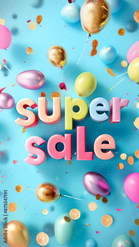 Animated rainbow SUPER SALE text on festive blue background with flying confetti, retail promotions, discount events and social media marketing Big sale offer Animated rainbow SUPER SALE text on festive blue background with flying confetti, retail promotions, discount events and social media marketing Big sale offer