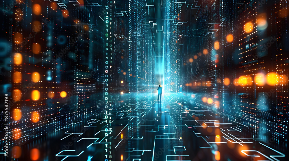 AGI security emphasized through digital fortress in sea of binary code. Concept Artificial General Intelligence, Cybersecurity, Digital Fortress, Binary Code, Safety Measures AGI security emphasized through digital fortress in sea of binary code. Concept Artificial General Intelligence, Cybersecurity, Digital Fortress, Binary Code, Safety Measures