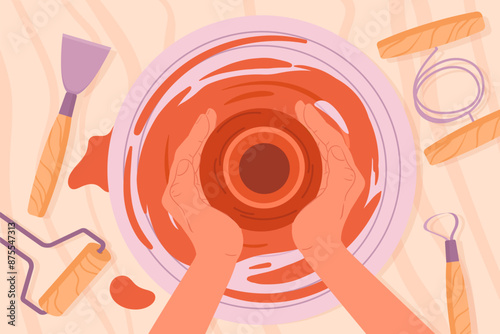 Potter ceramic modeling process. Ceramics studio potter hands work with potter's wheel top view flat vector illustration. Handmade and hand crafting crockery