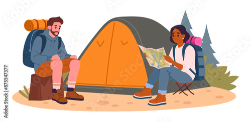 Tourists couple with tent. Active characters resting after hiking, trekking and backpacking, outdoor adventure flat vector illustration. Camping outdoor scene