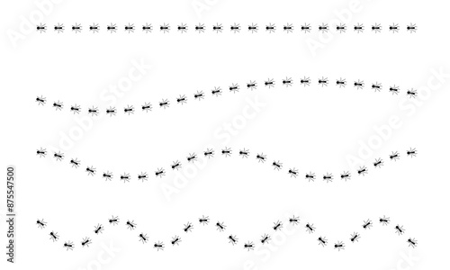 Ants trail line of working ants on white background vector illustration. A line of worker ants marching in search of food. Worker incects marching in a line. Ants road vector illustration