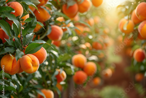 Peach orchard with trees full of fruit