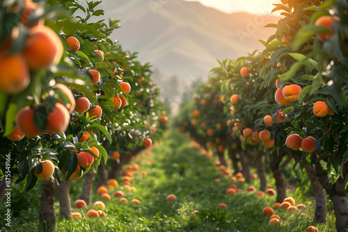 Peach orchard with trees full of fruit