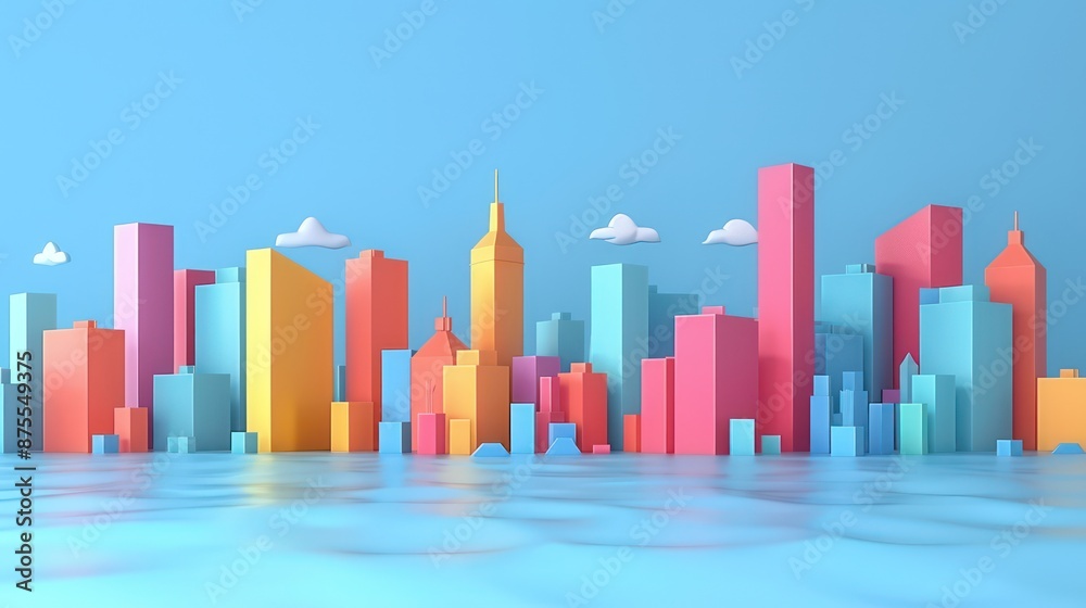 Fototapeta premium Colorful geometric cityscape with tall buildings and blue sky.