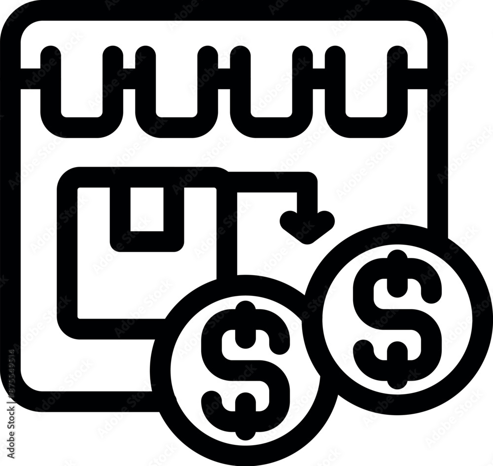 Icon depicting a calendar with a box inside and an arrow pointing to two dollar coins, representing scheduled delivery costs for online shopping