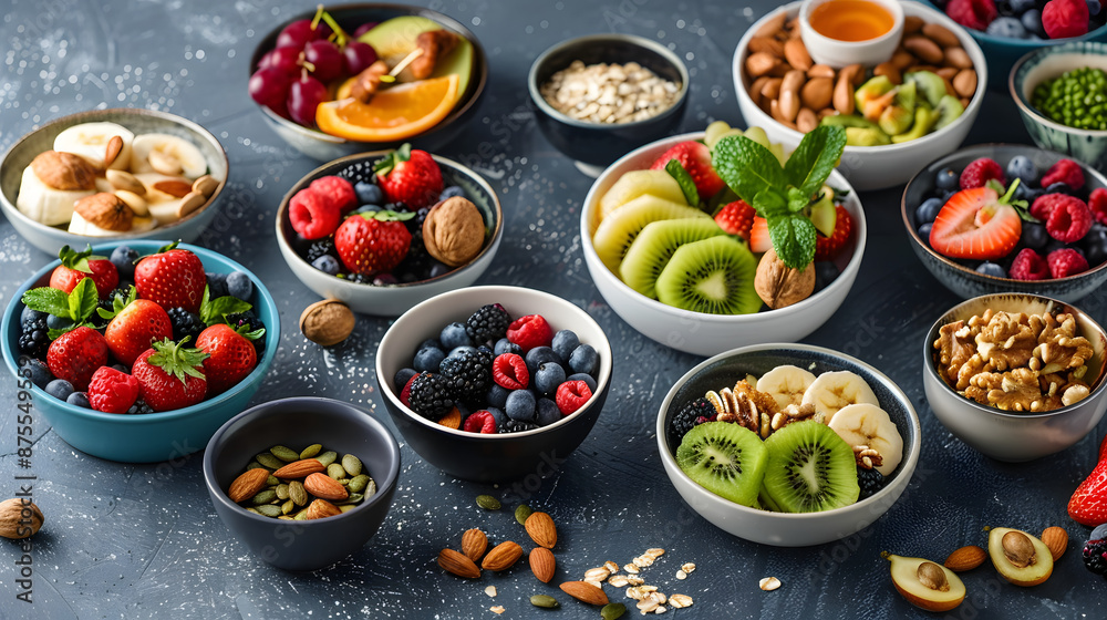 A selection of bowls filled with a variety of fruits and nuts displayed on a table, perfect as finger food or garnish for a sweet dish. Ingredients for a delicious and nutritious recipe A selection of bowls filled with a variety of fruits and nuts displayed on a table, perfect as finger food or garnish for a sweet dish. Ingredients for a delicious and nutritious recipe
