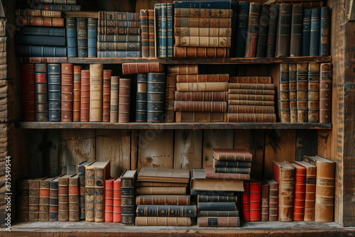 Vintage library with wooden shelves and old books, pattern with books