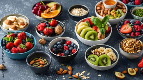 A selection of bowls filled with a variety of fruits and nuts displayed on a table, perfect as finger food or garnish for a sweet dish. Ingredients for a delicious and nutritious recipe