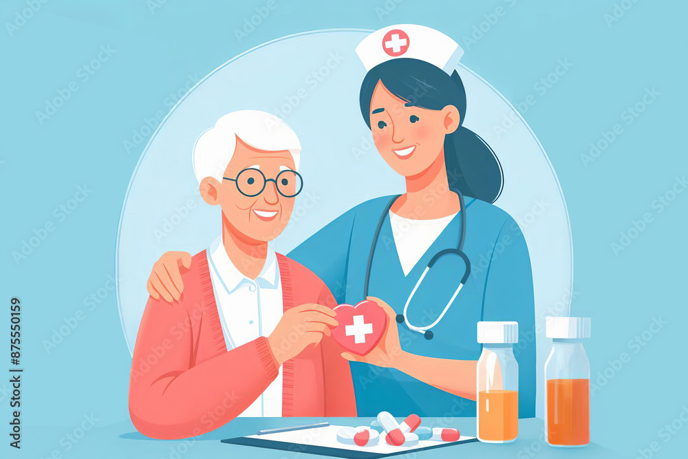 Flat style realistic illustration of nurse providing care to elderly person. Medicine and healthcare theme. Gratitude to nurses for their essential role Flat style realistic illustration of nurse providing care to elderly person. Medicine and healthcare theme. Gratitude to nurses for their essential role