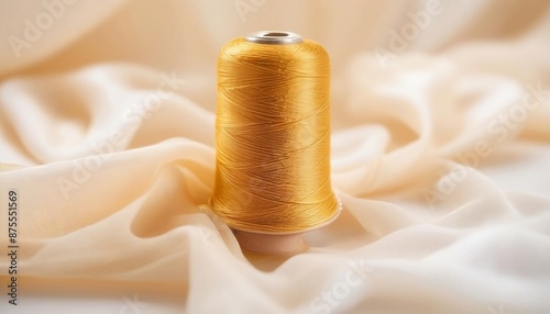 Golden thread spool with thimble on shiny chiffon material generative ai photo