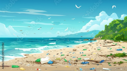 Seashore pollution  garbage littered beach, environmental contamination with space for text