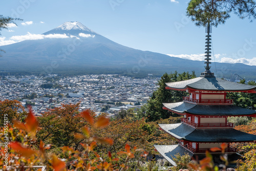 Kawaguchiko Sengen Shrine with partial cloud and snow coverage on Mt Fuji, Kawaguchiko, Japan