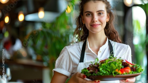 Portrait a woman waiter holding tray with salads and meals food menu at a restaurant. AI generated © saifur