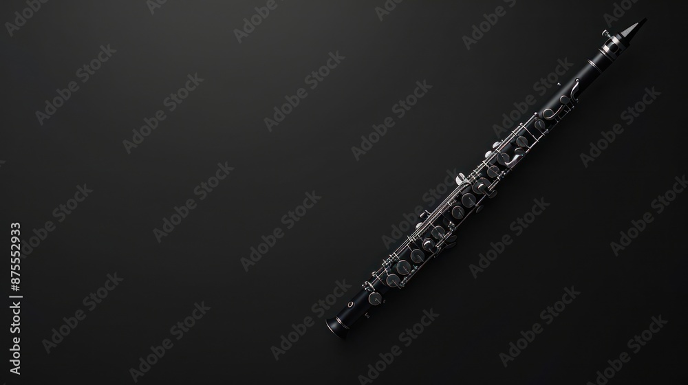 A close-up of a clarinet with intricate keys on a black background. A close-up of a clarinet with intricate keys on a black background.