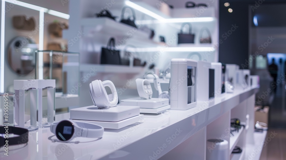 Modern tech gadgets displayed in a stylish store Modern tech gadgets displayed in a stylish store
