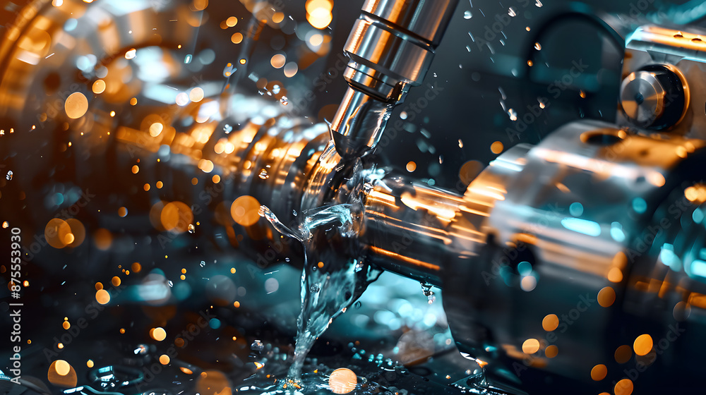 closeup of cnc machine lathe equipment with coolant liquid pouring industrial manufacturing highspeed photography closeup of cnc machine lathe equipment with coolant liquid pouring industrial manufacturing highspeed photography