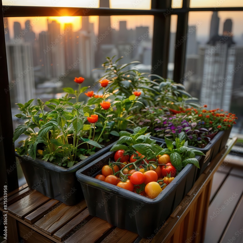 Urban gardening oasis on a rooftop, lush with edible plants, flowers, eco-friendly setups, amidst city skylines Urban gardening oasis on a rooftop, lush with edible plants, flowers, eco-friendly setups, amidst city skylines