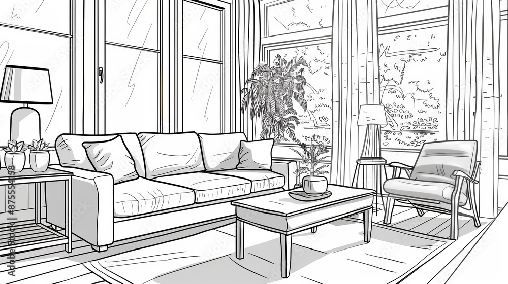 An image featuring the line art of a living room. In the illustration, there is a couch, chair, and coffee table. An image featuring the line art of a living room. In the illustration, there is a couch, chair, and coffee table.