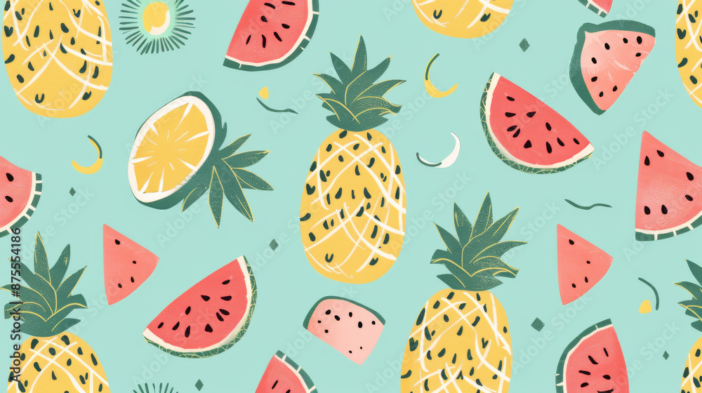 Summery pineapple and watermelon pattern for kids beach parties Summery pineapple and watermelon pattern for kids beach parties