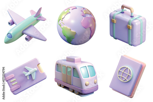 Collection of 3d icons for travel design app including airplane, globe arth, suitcase, passport, airplane ticker and train