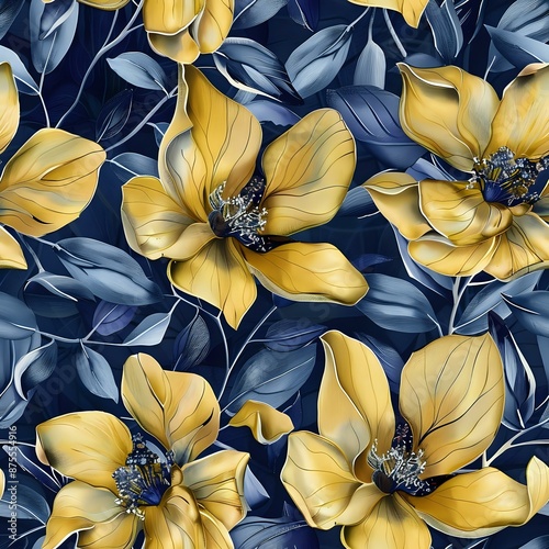 Traditional Botanical Golden Flower Repeat Design
