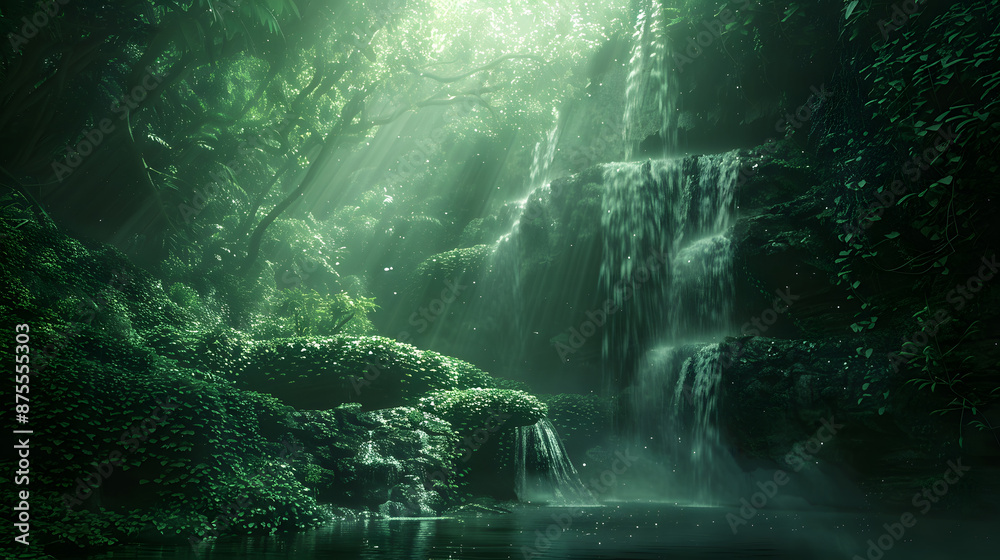 A lush green forest with a waterfall in the background A lush green forest with a waterfall in the background