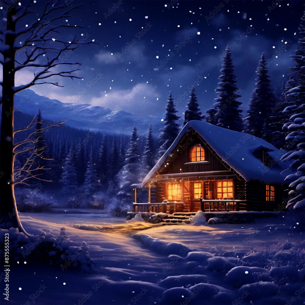 In the mountain on snow a house .house in the snow. Trees . Beautiful night landscape Ai generated image In the mountain on snow a house .house in the snow. Trees . Beautiful night landscape Ai generated image