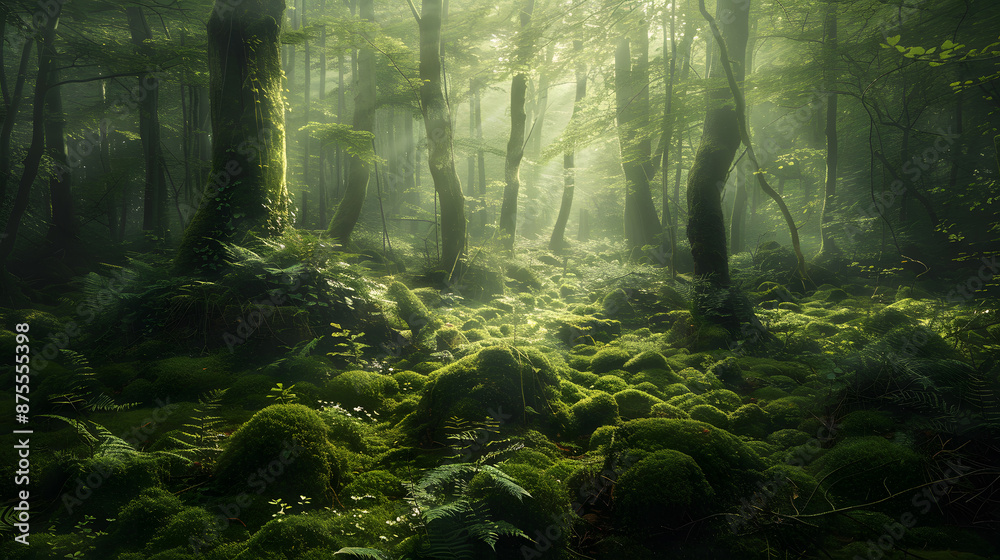 Fototapeta premium A forest with a lot of green grass and trees