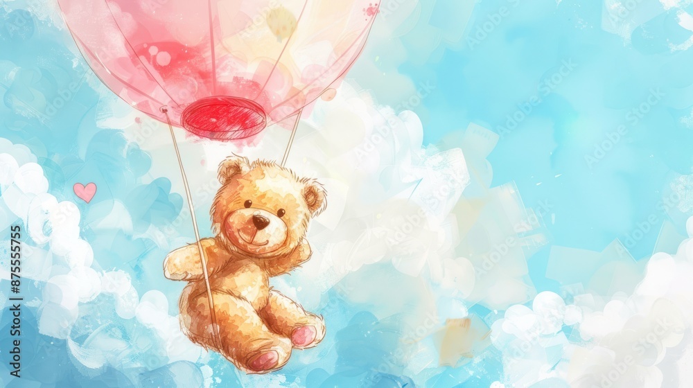 Cute teddy bear character on air balloon with watercolor hand drawn. AI ...