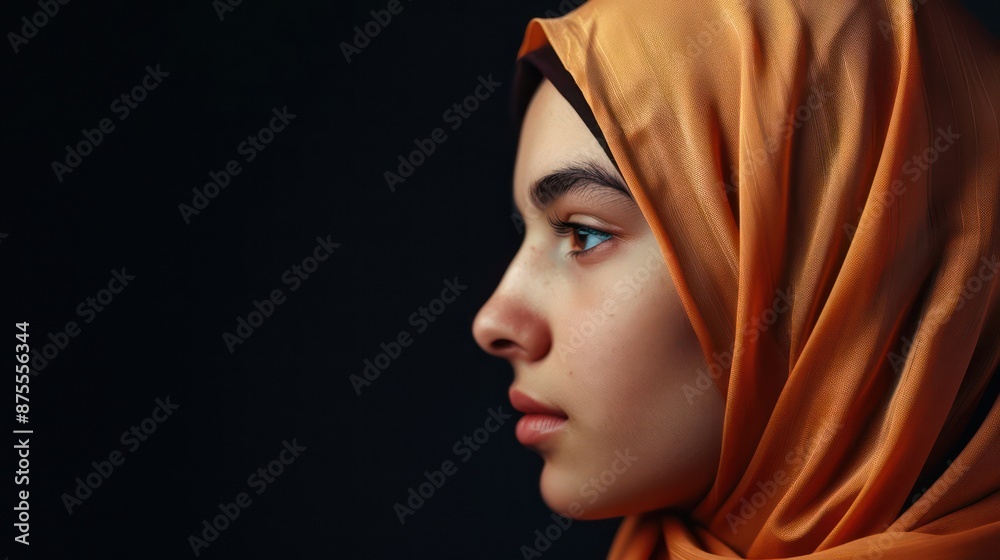 Side profile of a woman in an orange hijab against a black background