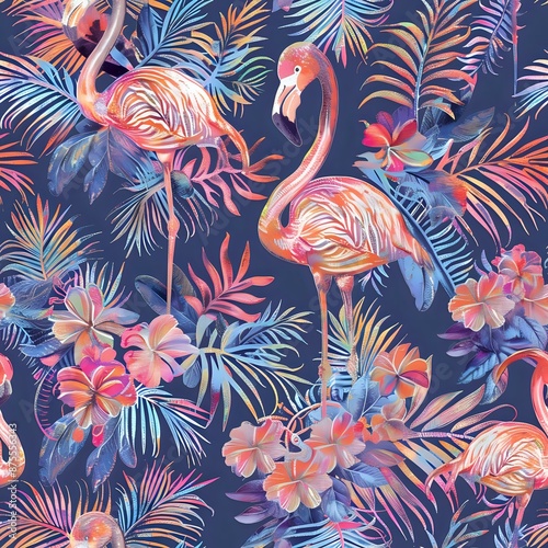 Hand-Painted Tropical Flamingo and Exotic Floral Design