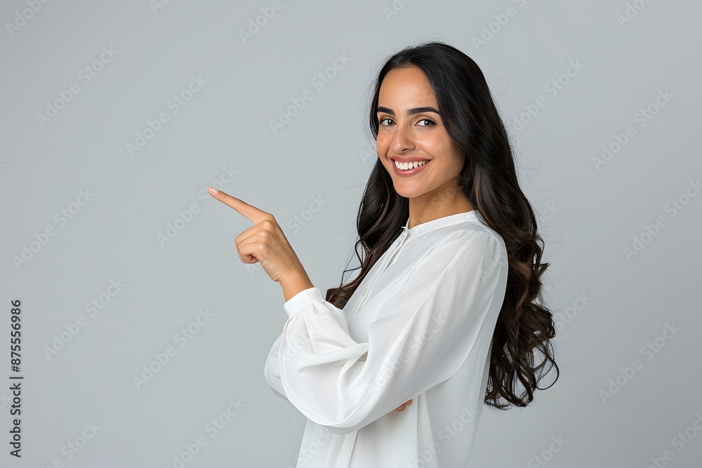Smiling Arabic Woman Points Up in Studio Photo Smiling Arabic Woman Points Up in Studio Photo