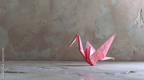 A pink origami crane is sitting on a floor