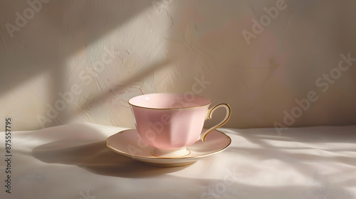 A pink cup and saucer sit on a white cloth