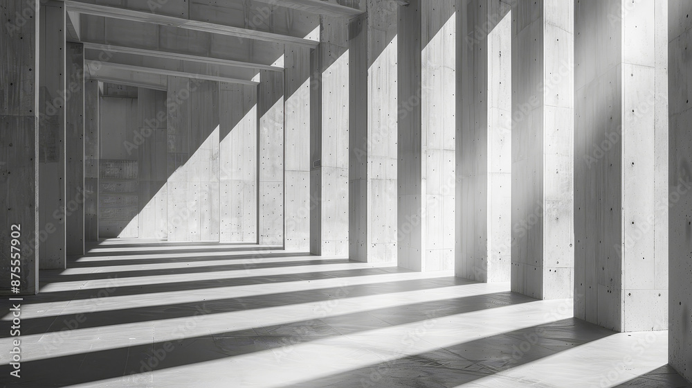 Abstract architecture with concrete walls and floors textured with cement, complemented by white columns casting dramatic shadows, creating a minimalist and geometrically striking composition. Abstract architecture with concrete walls and floors textured with cement, complemented by white columns casting dramatic shadows, creating a minimalist and geometrically striking composition.