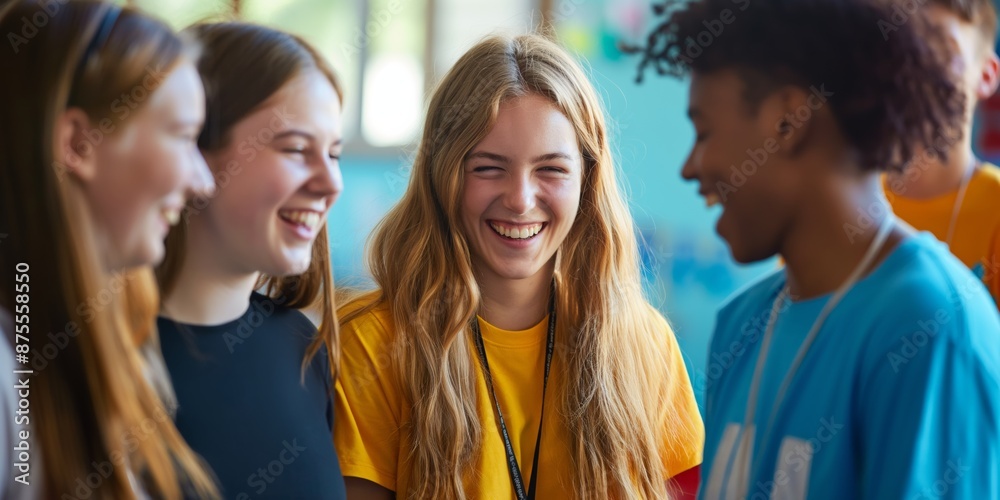 A diverse group of cheerful young adults laughing together, embodying friendship and teamwork. A diverse group of cheerful young adults laughing together, embodying friendship and teamwork.