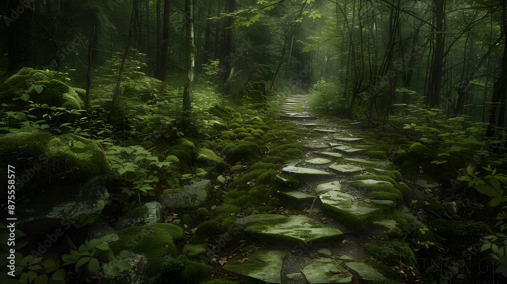 Obraz premium A forest path is shown with moss and rocks