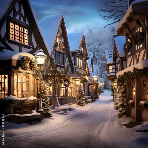 Winter in Bavaria, Germany. Christmas decorated houses and streets.