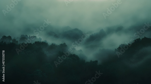 A dense forest with a thick fog covering the trees