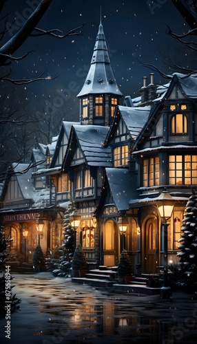 Winter village at night with snowfall and christmas decorations. Christmas holiday concept.