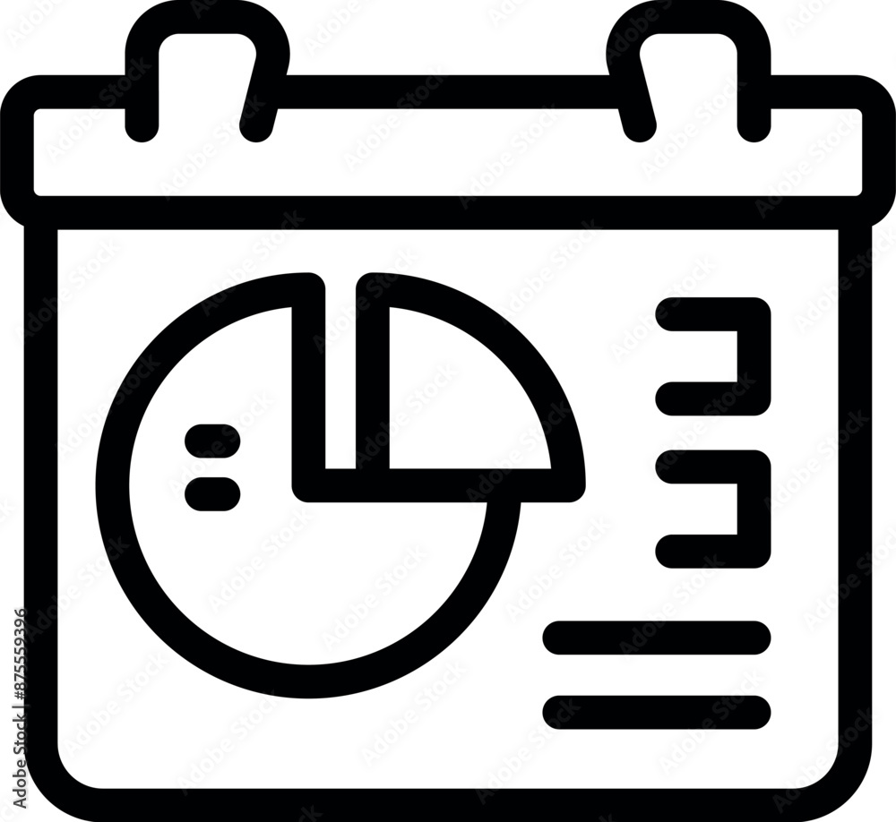 Line art icon of a calendar page showing a pie chart and data, representing a business report Line art icon of a calendar page showing a pie chart and data, representing a business report