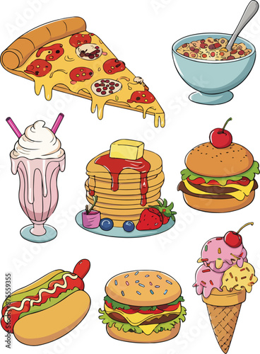 food item vector illustration, food, hamburger, cake, pizza, burger, icon, fast, vector