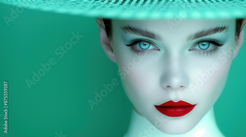 Close-up of a woman with porcelain skin, red lipstick, and striking blue eyes under a emerald green wide-brimmed hat. Avant-garde fashion and beauty concept.