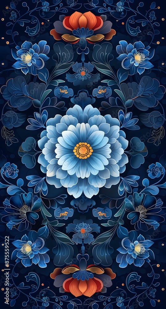 Beautiful Chinese Style Flower Design on Blue Background Enhancing Culture Beautiful Chinese Style Flower Design on Blue Background Enhancing Culture